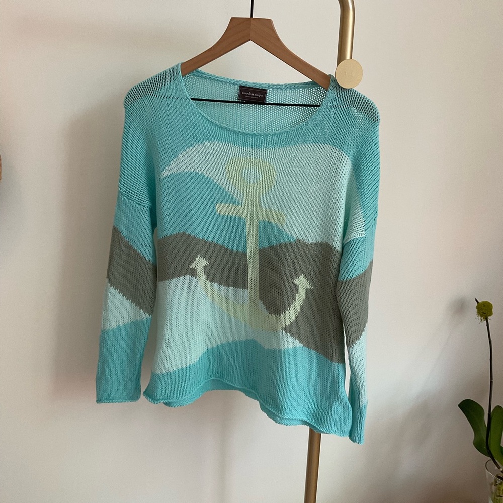 Wooden Ships Aqua Anchor Crewneck Sweater Size S-M